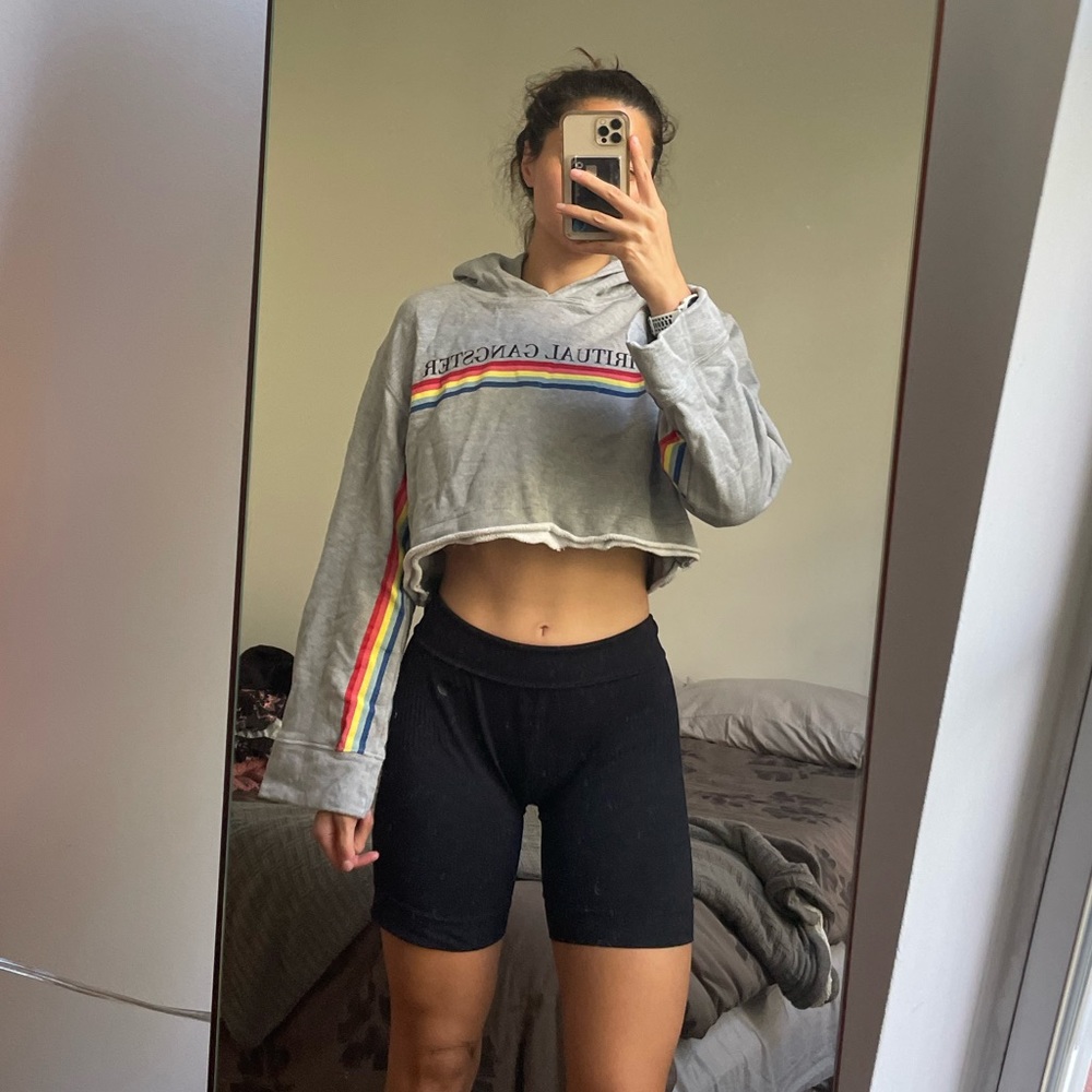 Spiritual Gangster Cropped Gray with Rainbow Logo Hoodie (L)